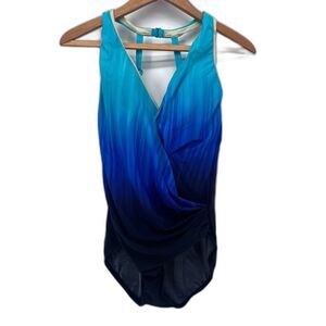 Miraclesuit Razzle Dazzle Siren One Piece Swimsuit Blue Ombré Wrap Slimming Sz 6